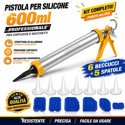 Pistola Silicone Cartuccia 600ml Alluminio Professionale 6 Beccucci 5 Spatole