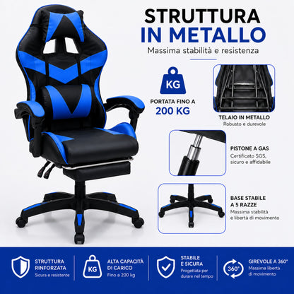 Sedia Gaming Poltrona Scrivania Ufficio Casa Reclinabile Poggiapiedi Blu/Black