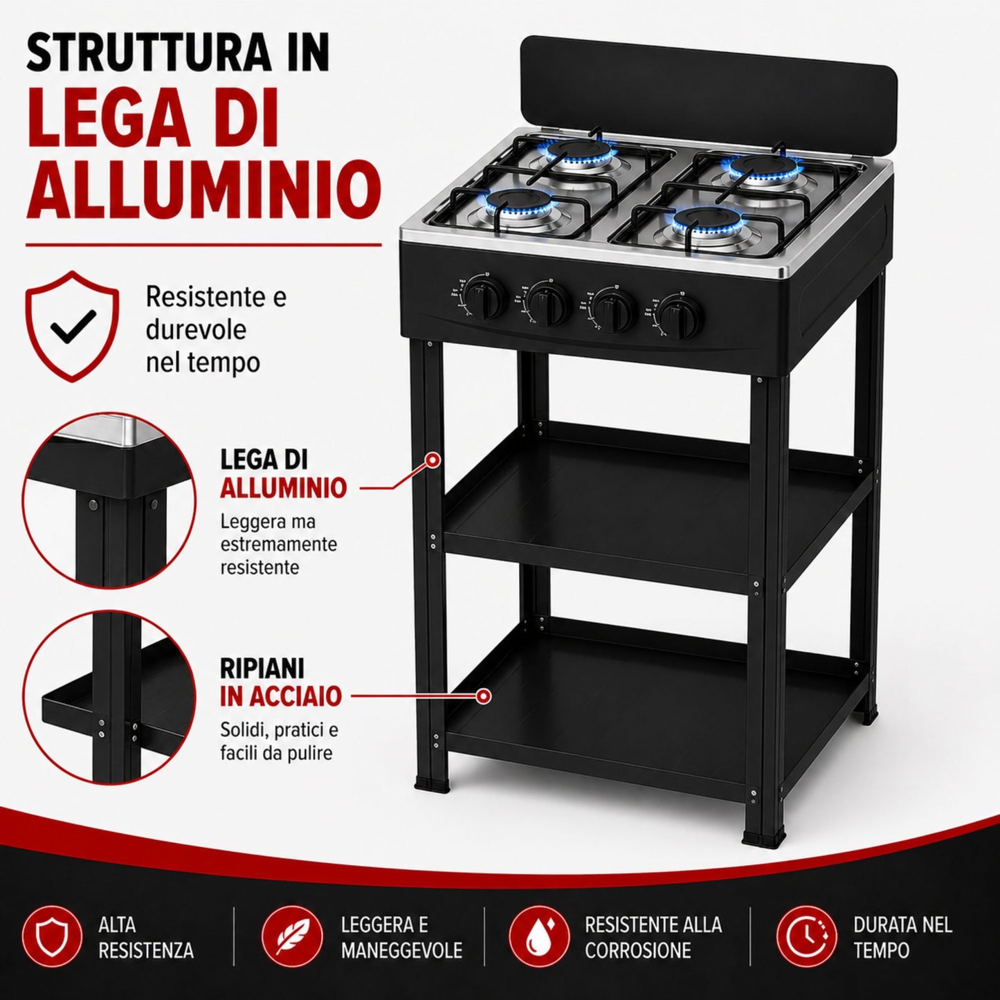 Fornello Gas 4 Fuochi con Ripiani Acciaio Cucina Esterno Mobile Compatto Nero