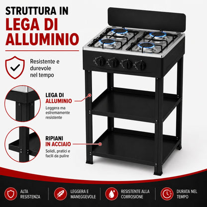 Fornello Gas 4 Fuochi con Ripiani Acciaio Cucina Esterno Mobile Compatto Nero