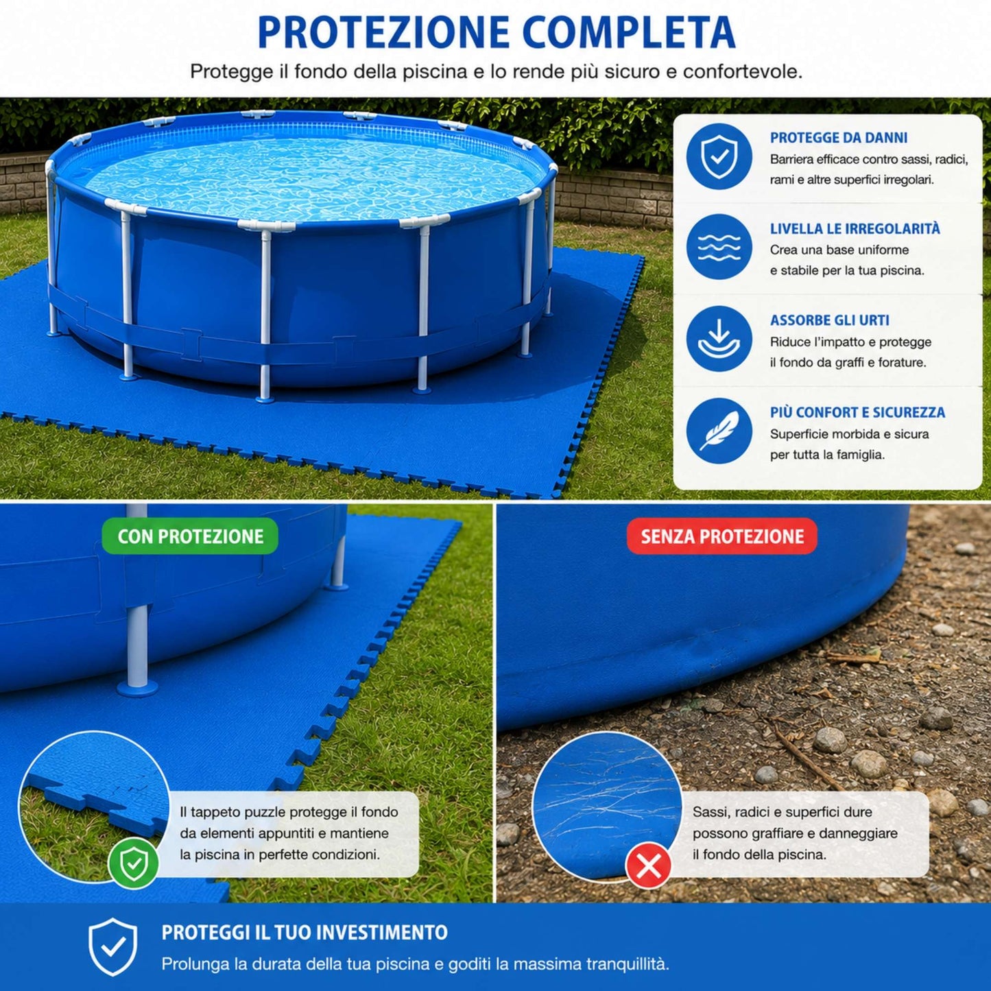Tappeto Puzzle EVA Fondo Piscina 4 Pezzi 60x60x1 cm Tappetino Antiscivolo Blu