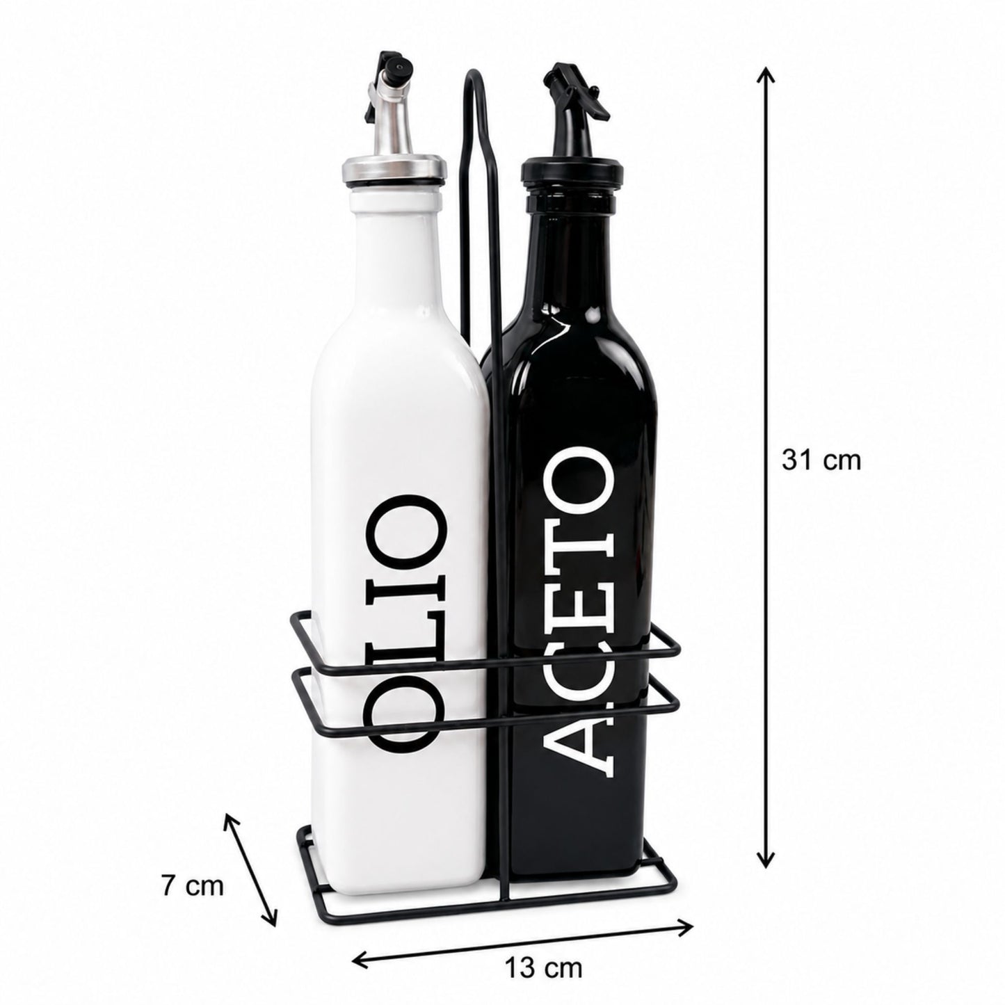 Set Olio Aceto 2 Bottiglie da 500ml con Supporto Metallo Dosatore Cucina Design