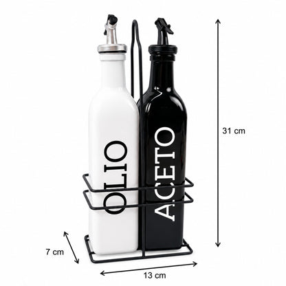 Set Olio Aceto 2 Bottiglie da 500ml con Supporto Metallo Dosatore Cucina Design