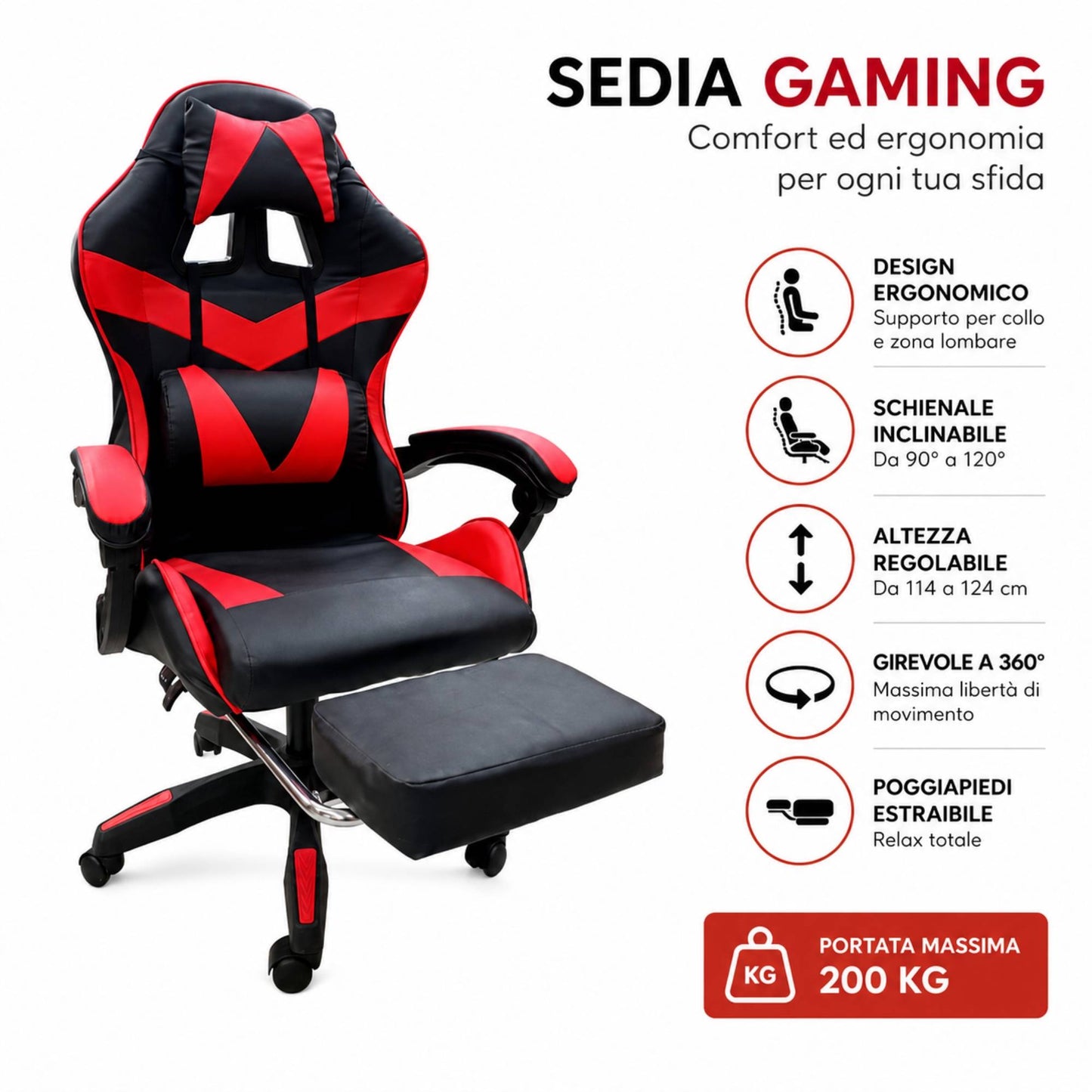 Sedia Gaming Poltrona Scrivania Ufficio Casa Reclinabile Poggiapiedi Red/Black