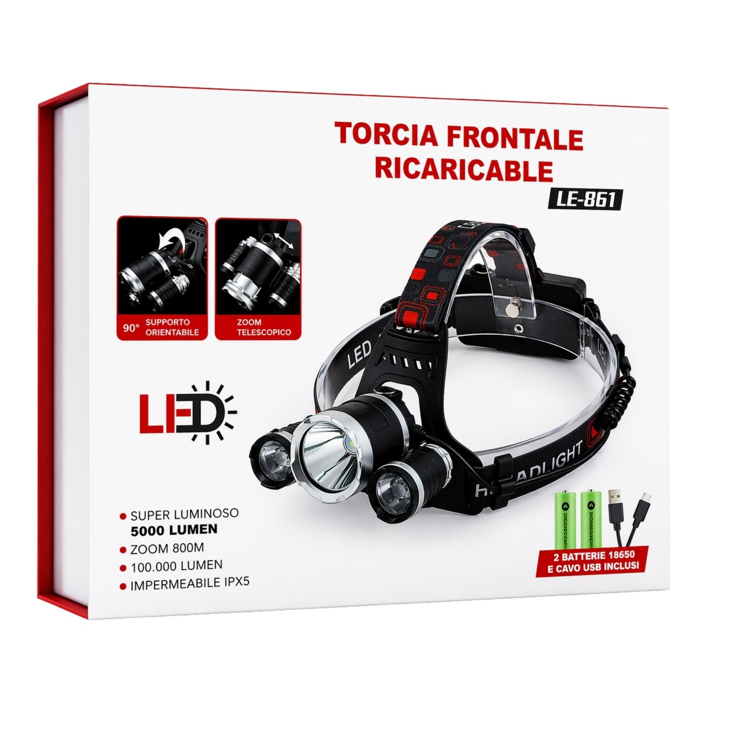 Torcia Frontale 3 LED 5000 Lumen USB Ricaricabile Impermeabile 2 Batterie 18650
