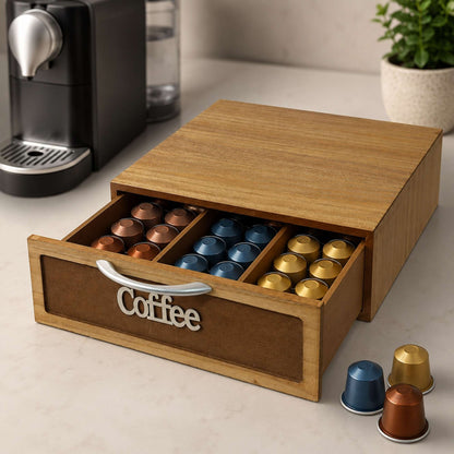 Cassetto Porta Cialde e Capsule Caffè 3 Scomparti Legno Scuro 30x30x10 cm
