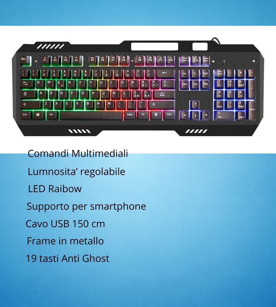 Tastiera Gaming Retroilluminata LED 7 Colori Corpo in Metallo QWERTY Italia USB