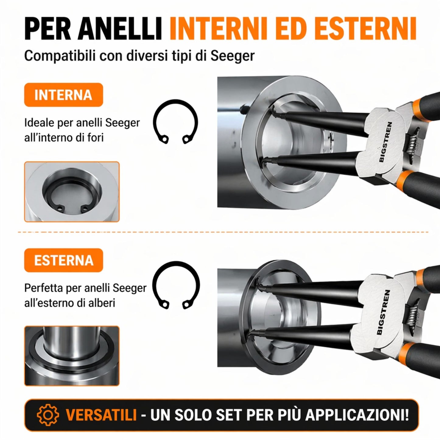 SET 4 Pinze Seeger Anelli Elastici Fermi Interne Esterne Dritte Curve Acciaio
