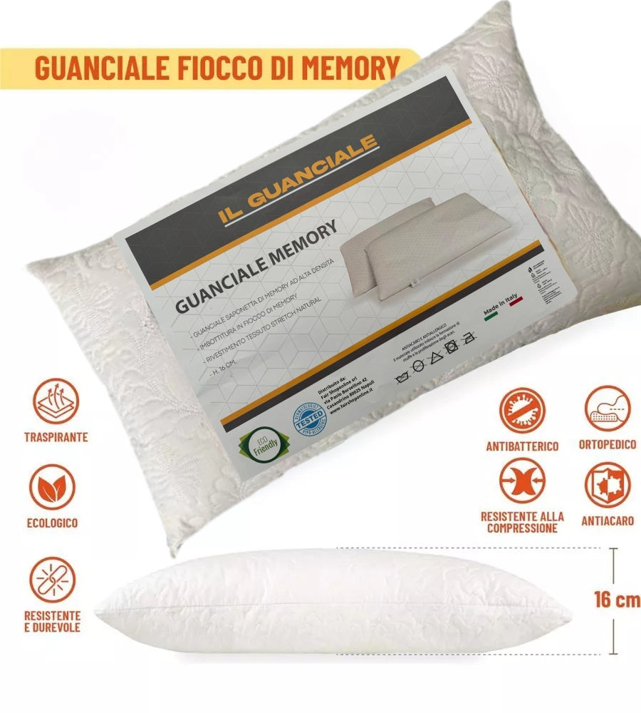 Cuscino Guanciale Ortopedico Fiocco Memory Anallergico Antiacaro 74X42 H 16 cm