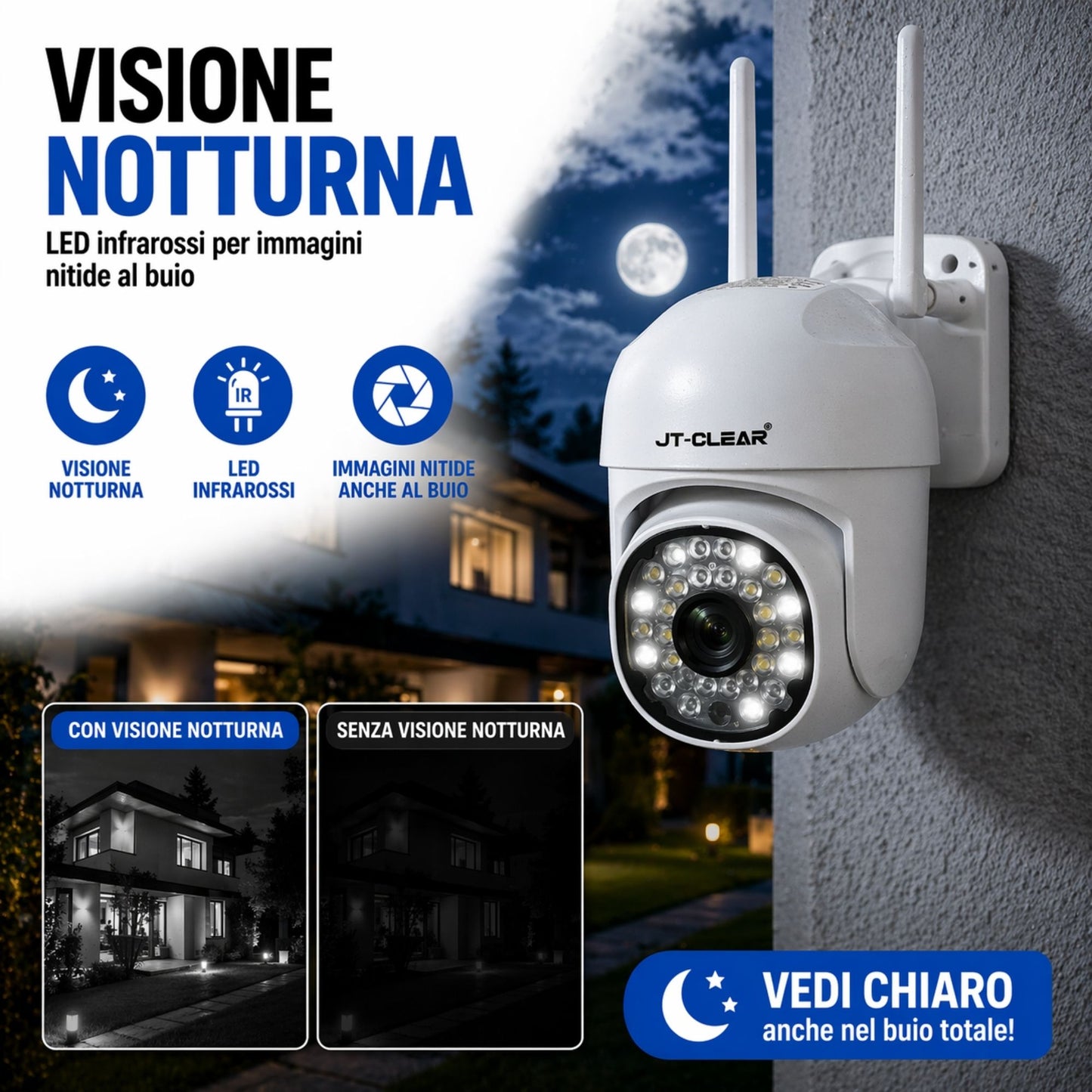 Telecamera WiFi Interno Esterno IP66 1080P HD PTZ Visione Notturna Audio App JT