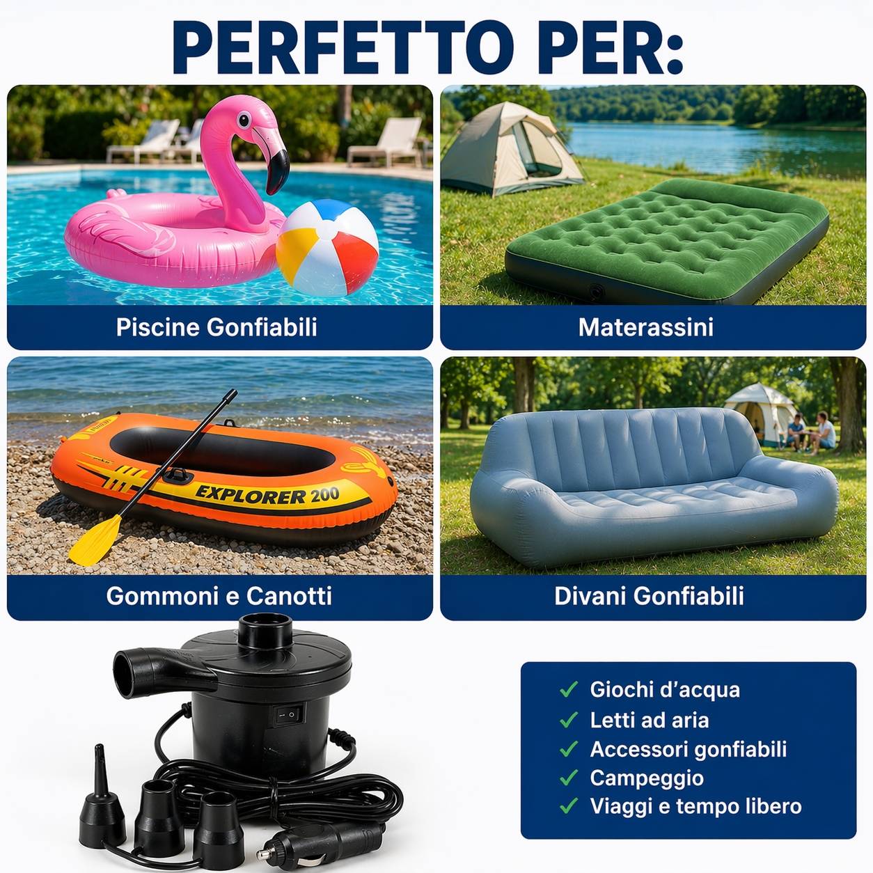 Pompa Elettrica 12V Auto Gonfiabili Materassini Piscina Gonfiatore 3 Ugelli