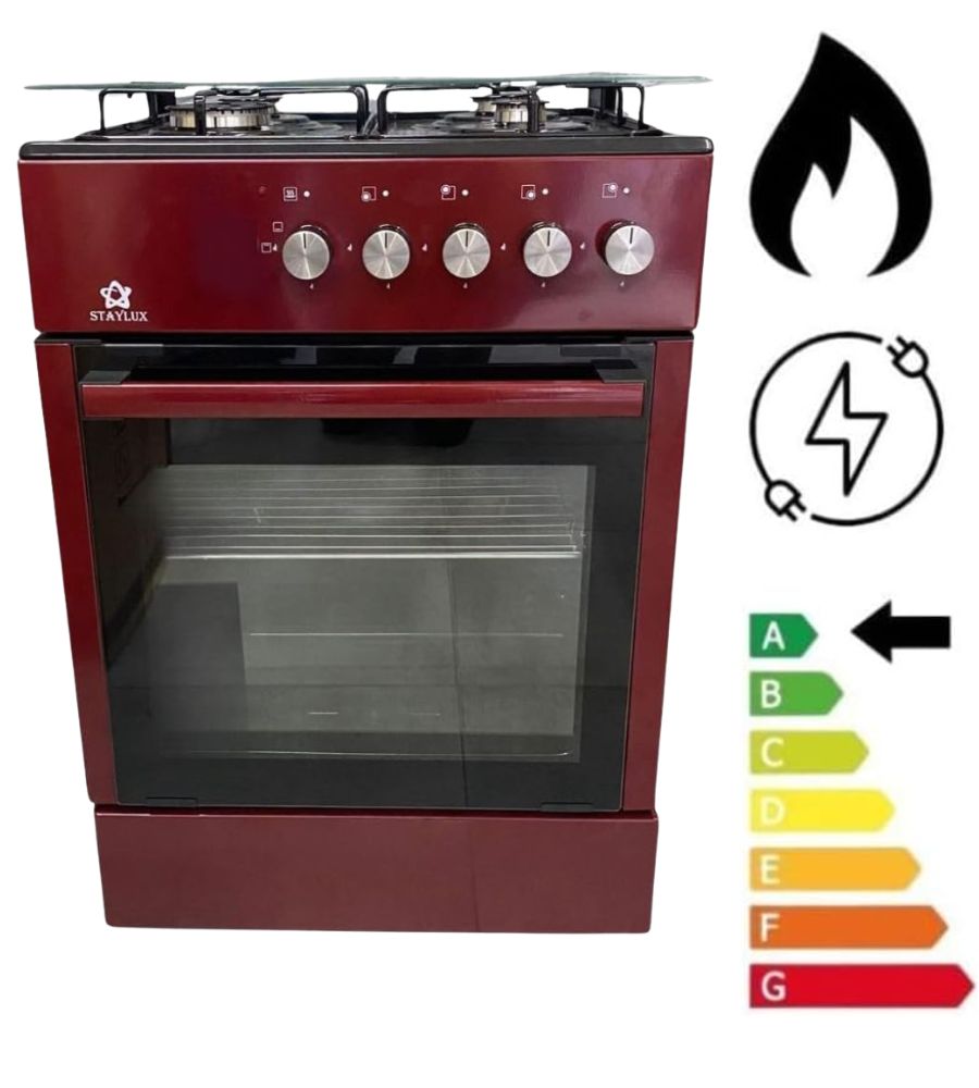 Cucina a Gas Forno Gas 4 Fuochi 60 X 60 cm Copertura Vetro Bordeaux