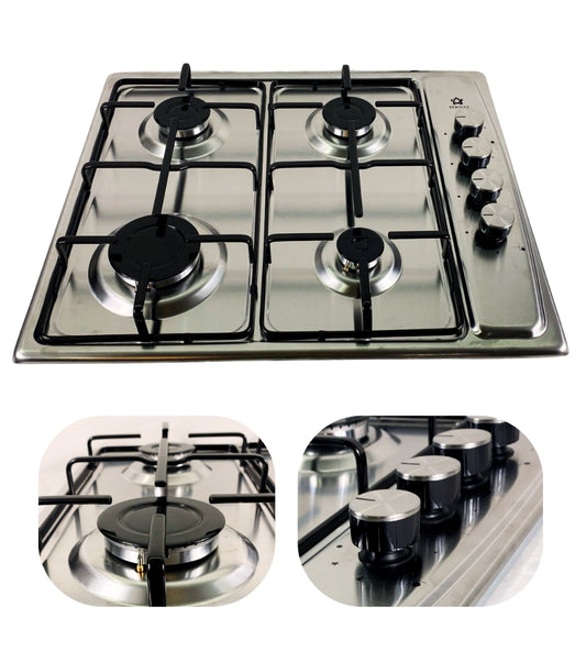 Piano Cottura 4 Fuochi Slim 60 cm Acciaio Inox a Gas o GPL da Incasso Valvolato