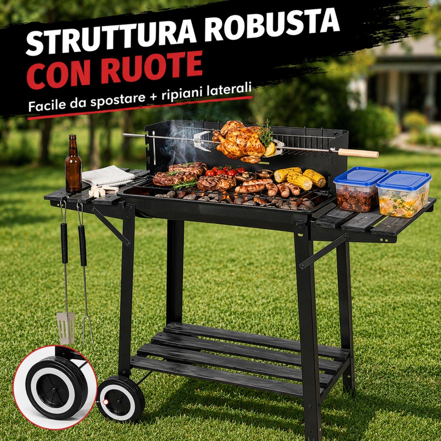 Barbecue a Carbone da Giardino con Girarrosto 93x41x86cm BBQ Grill con Accessori