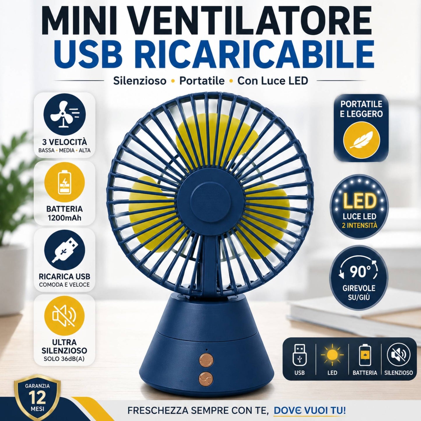 Mini Ventilatore da Tavolo Portatile con Batteria Ricaricabile Luce Led usb