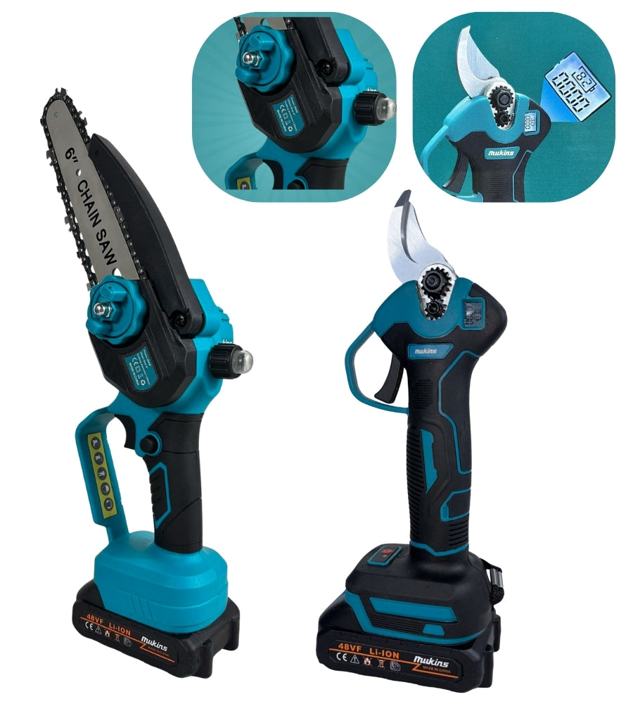 Forbice da Potatura + Motosega 6" Olio Doppia Batteria 48V Cesoia Elettrica