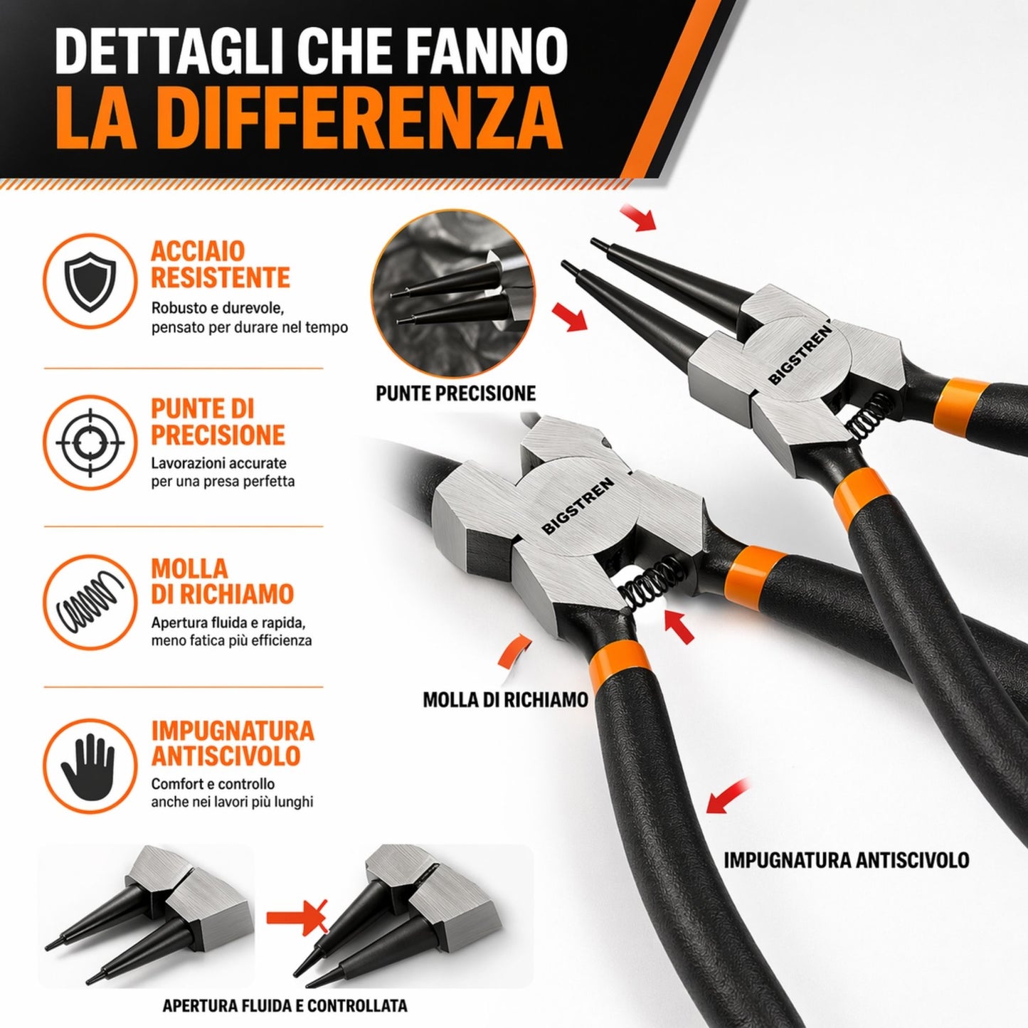 SET 4 Pinze Seeger Anelli Elastici Fermi Interne Esterne Dritte Curve Acciaio