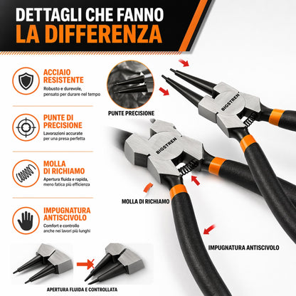 SET 4 Pinze Seeger Anelli Elastici Fermi Interne Esterne Dritte Curve Acciaio
