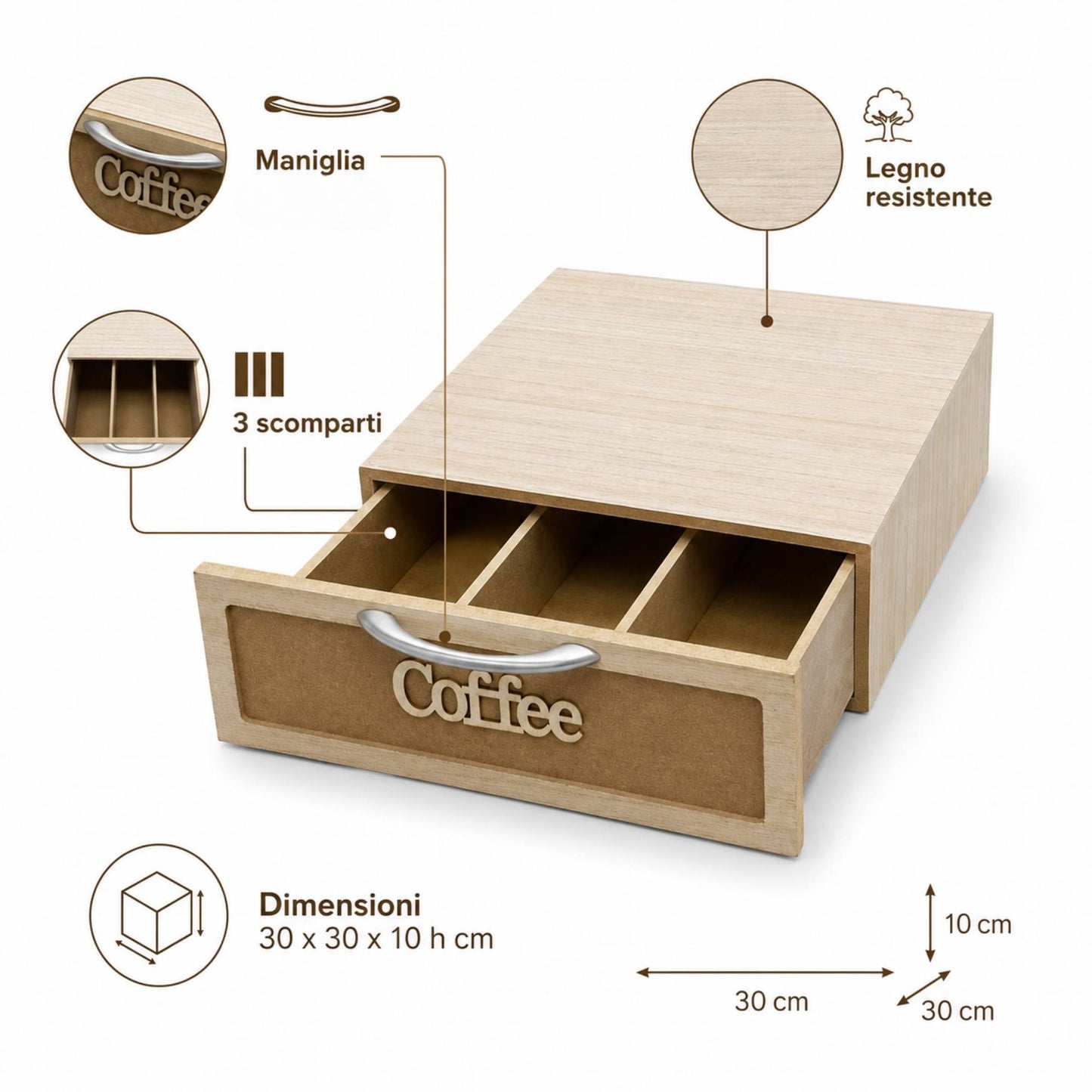 Cassetto Porta Cialde e Capsule Caffè 3 Scomparti Legno Chiaro 30x30x10 cm