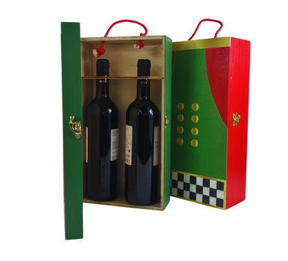 Cassetta Porta Bottiglie in Legno Doppia Scatola per 2 Bottiglie Vino Decorata