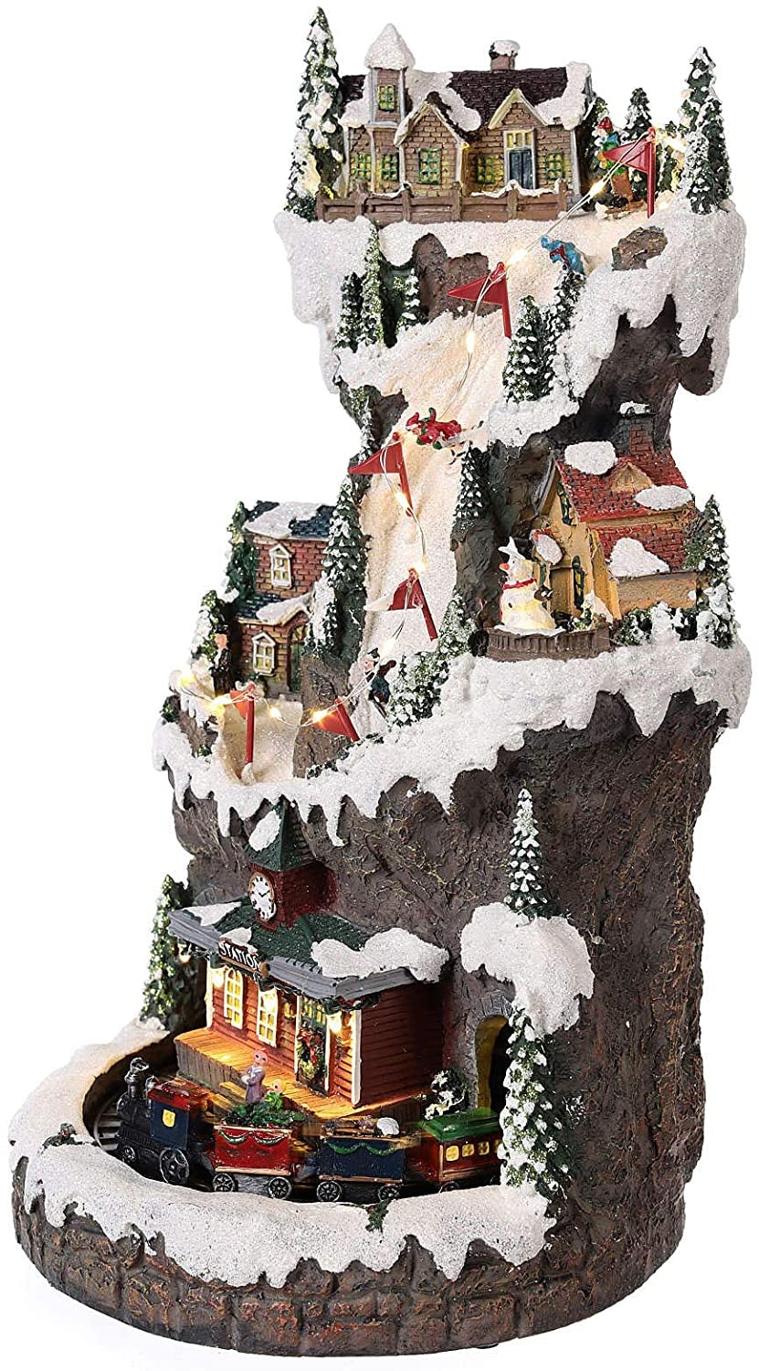 Villaggio Natalizio Paesaggio Pista Sci Trenino Luci Suoni Movimento 33x20 cm