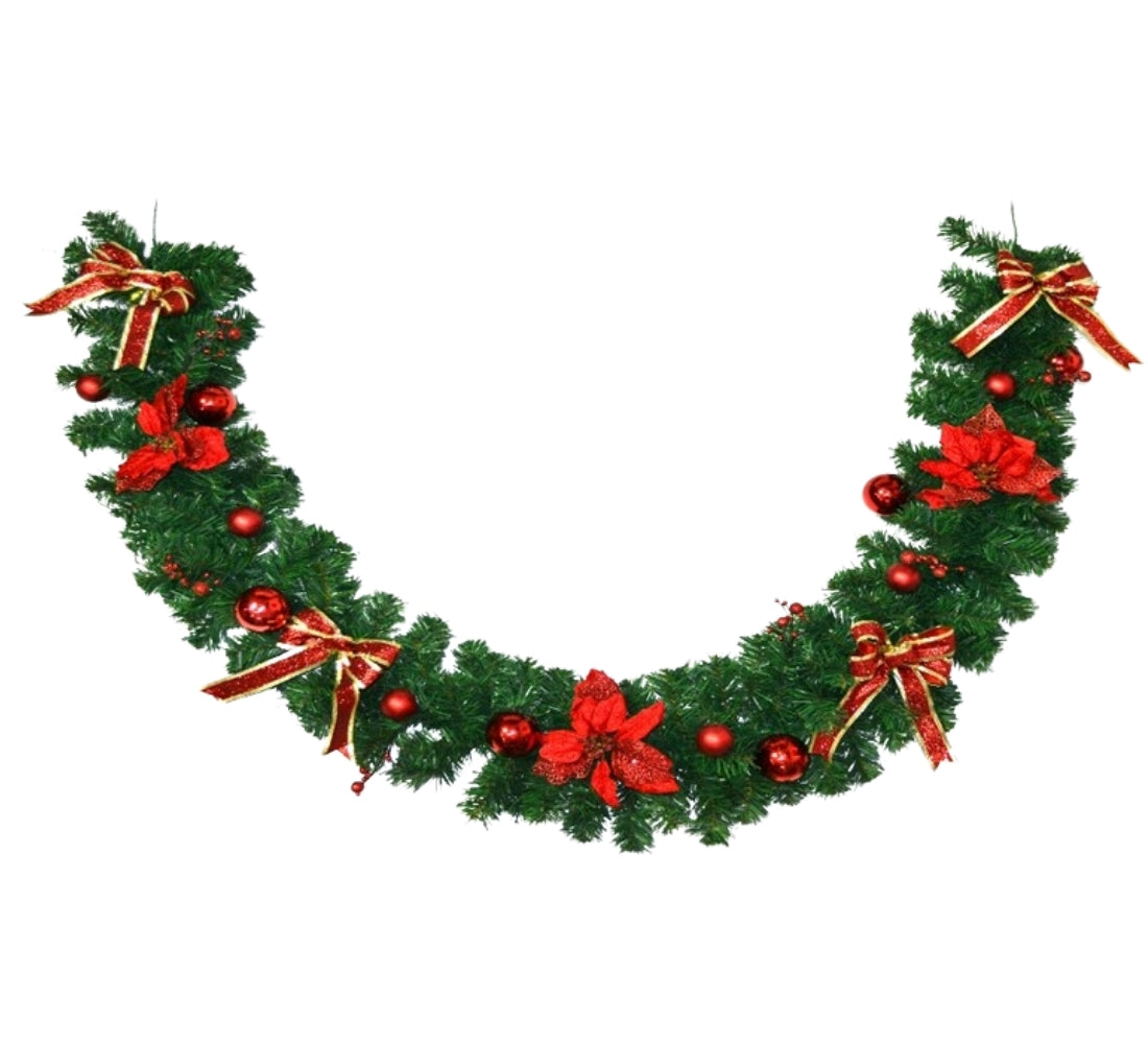 Ghirlanda Addobbata Natalizia Folta 2 Metri Fiocchi e Palline Decorazioni