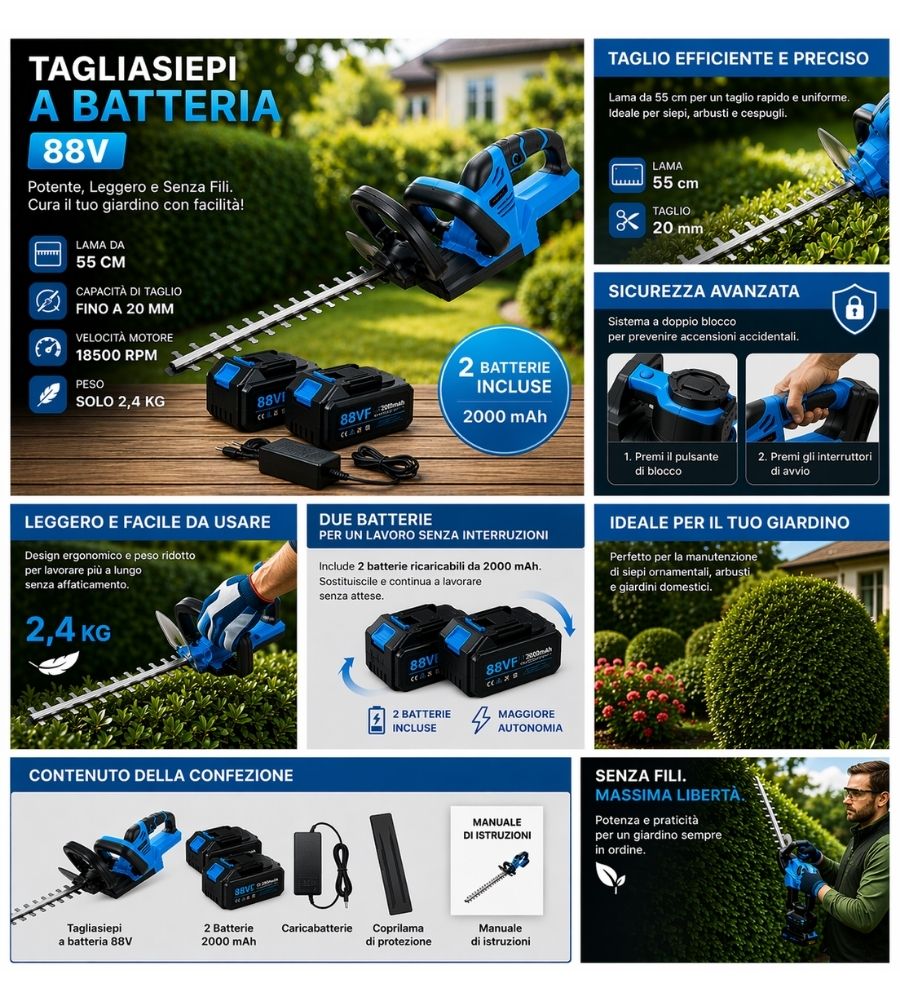 Tagliasiepi Elettrico Lama 55 cm 2 Batterie 88V 2000 mAh Senza Fili Arbusti