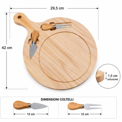 Tagliere Tondo Legno 29,5 cm con 2 Coltelli Formaggio Salumi Aperitivo