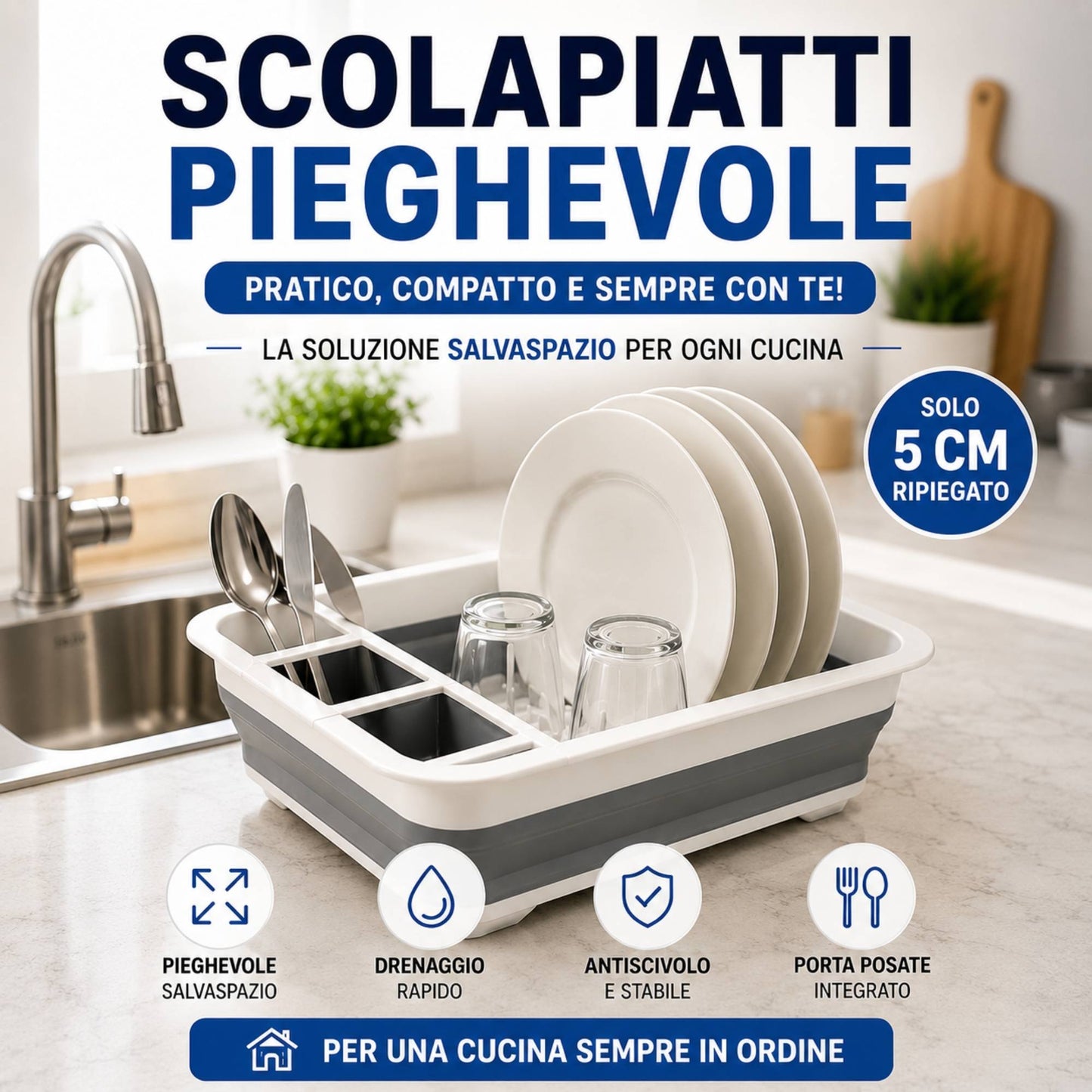 Scolapiatti in Silicone Pieghevole Salvaspazio Portatile per Asciugare Piatti Stoviglie e Posate 30 X 35 12 cm