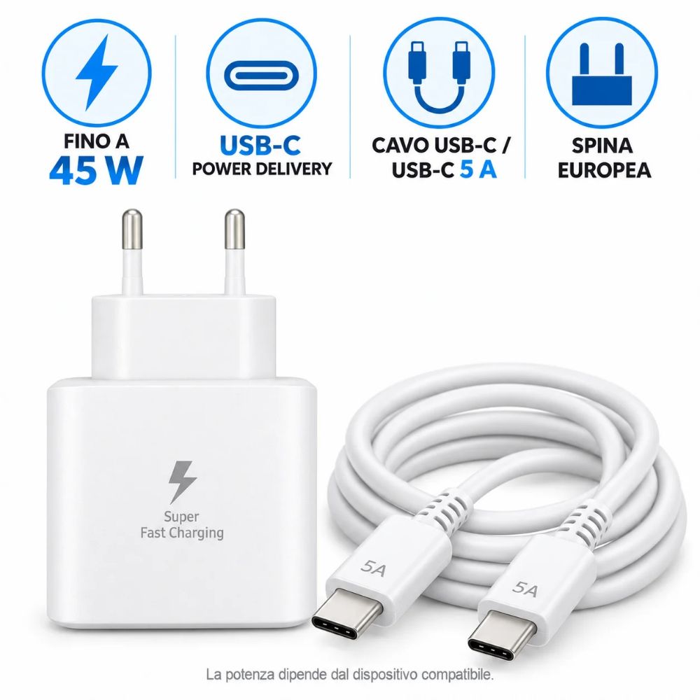 Caricatore Rapido USB C PD 45W con Cavo USB C USB C 5A Alimentatore Bianco