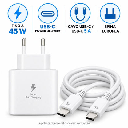 Caricatore Rapido USB C PD 45W con Cavo USB C USB C 5A Alimentatore Bianco