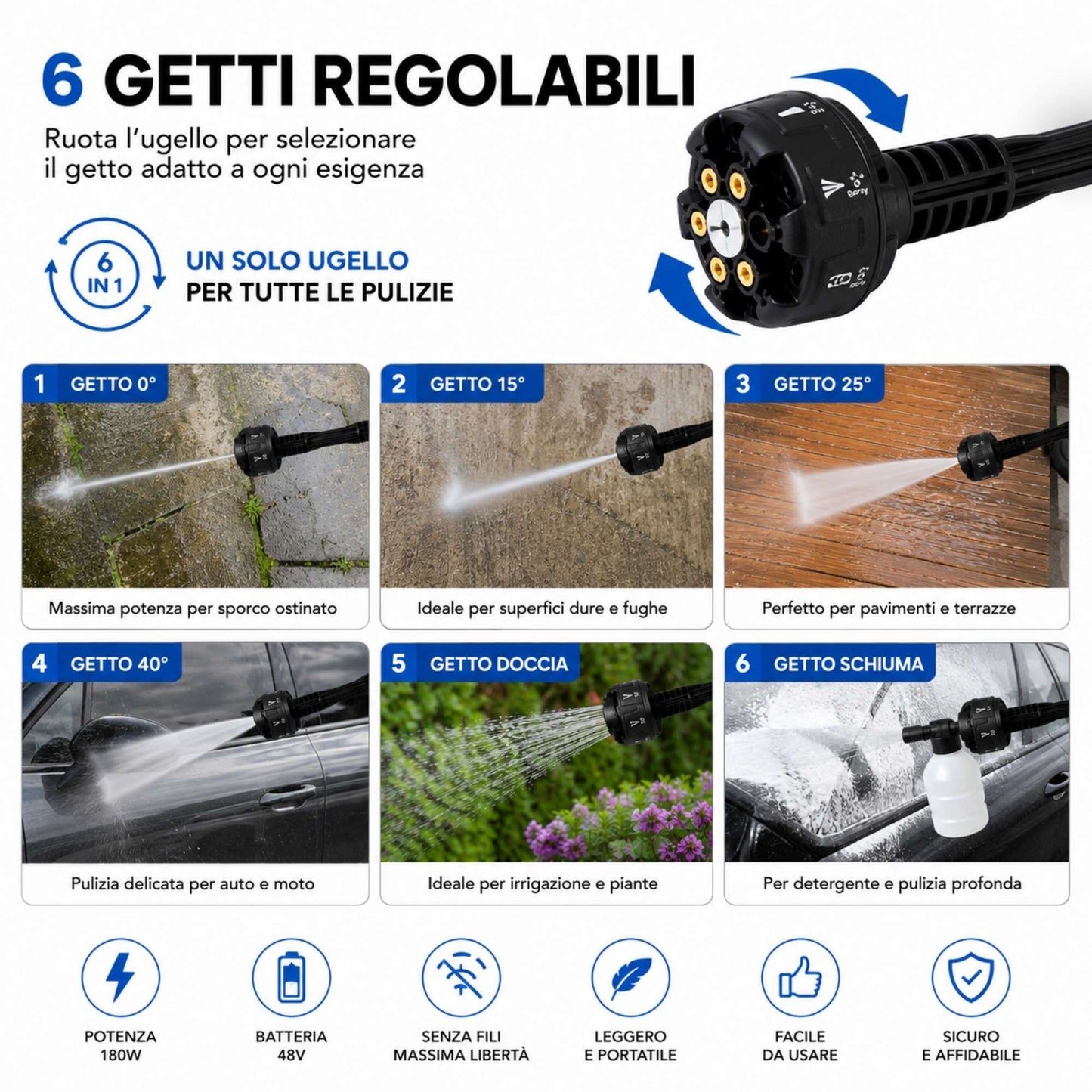 Idropulitrice Portatile Batteria 48V 180W 2 Batterie 6 Getti Lavaggio Auto