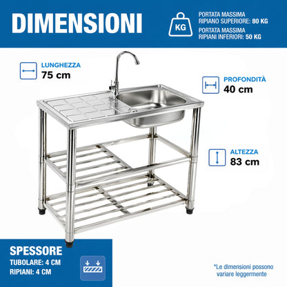 Lavello da Cucina Esterno Metallo con Rubinetto 75x40x83 cm Mobile Ripiani
