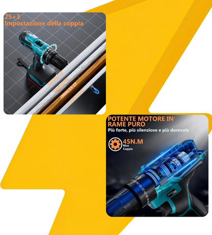 Trapano Avvitatore 25 Livelli 3 Marce Doppia Batteria 48VF Valigetta Accessori