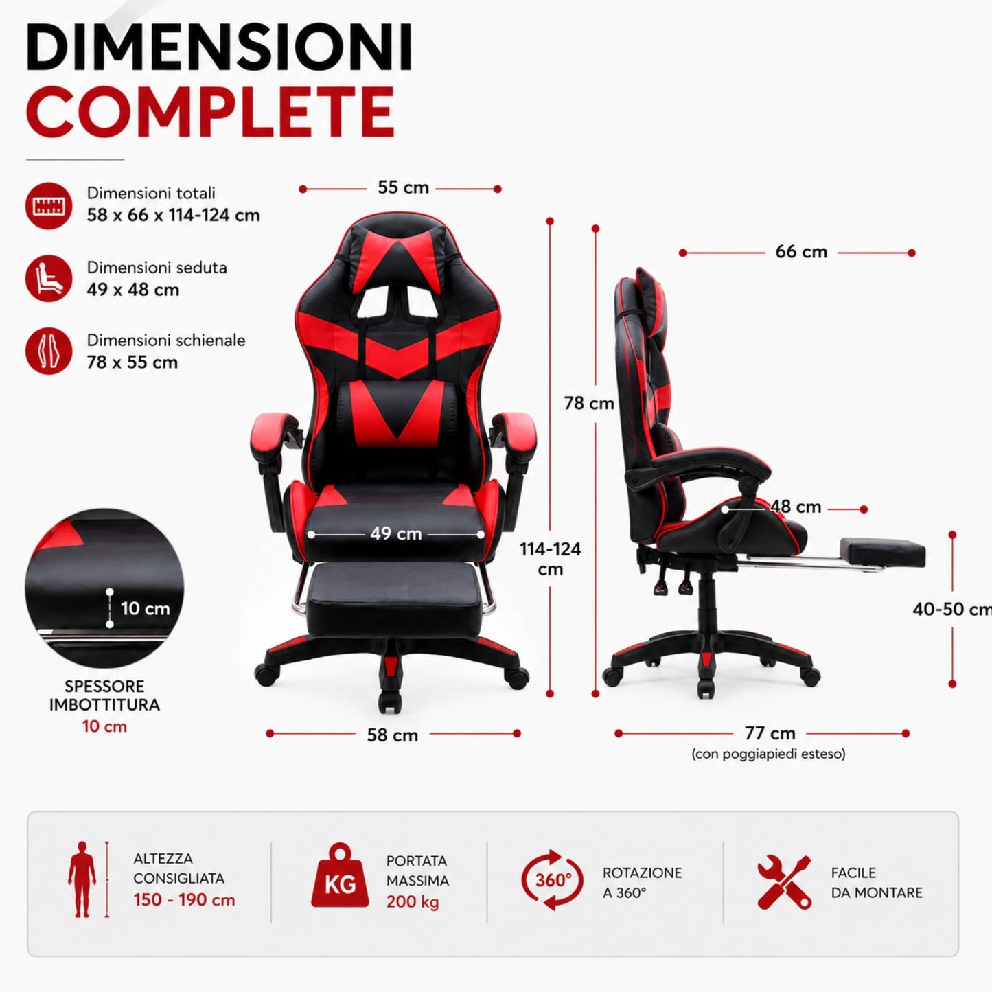 Sedia Gaming Poltrona Scrivania Ufficio Casa Reclinabile Poggiapiedi Red/Black