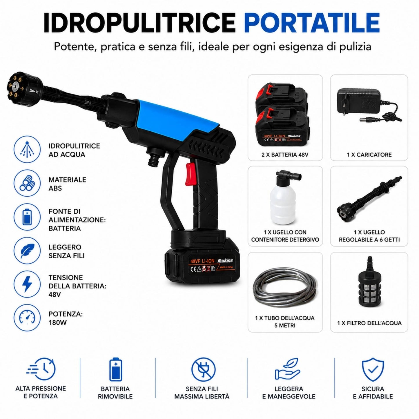 Idropulitrice Portatile Batteria 48V 180W 2 Batterie 6 Getti Lavaggio Auto