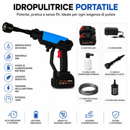 Idropulitrice Portatile Batteria 48V 180W 2 Batterie 6 Getti Lavaggio Auto