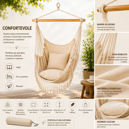 Amaca Poltrona Sospesa Brasiliana Cotone Ecrù Sedia Dondolo Giardino 130 x 97cm