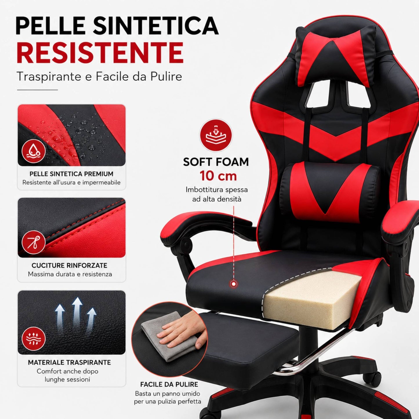 Sedia Gaming Poltrona Scrivania Ufficio Casa Reclinabile Poggiapiedi Red/Black