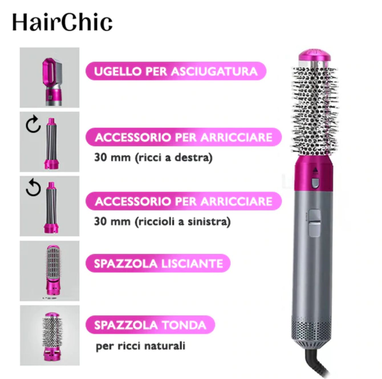 Piastra Lisciante Capelli Phon Asciugacapelli Arriccia Stira Hair 5 Accessori