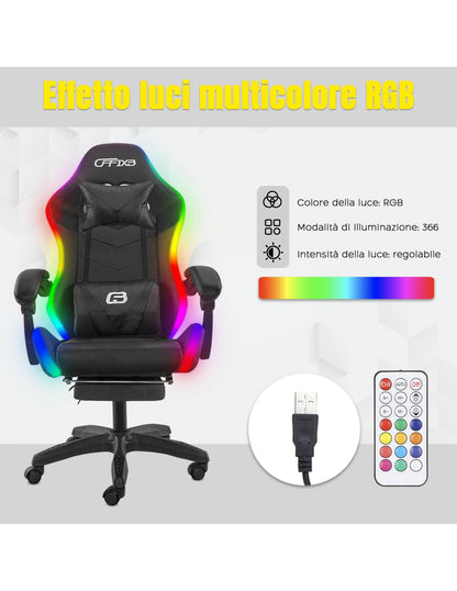 Sedia Gaming LED RGB Telecomando Doppio Cuscino in Ecopelle e Poggiapiedi Nera