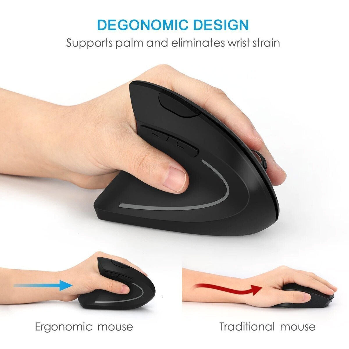 Mouse verticale, mouse ergonomico wireless, 3 dpi regolabili (800-1200-1600  dpi), 6 pulsanti, Detachabl