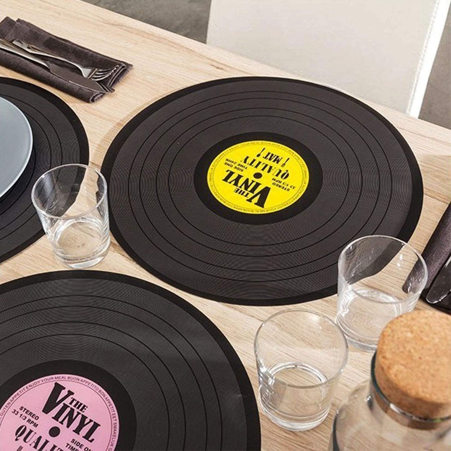 Set 4 Tovagliette da Pranzo Sottopiatto Disco in Vinile Ø 39 cm Decorativi Casa