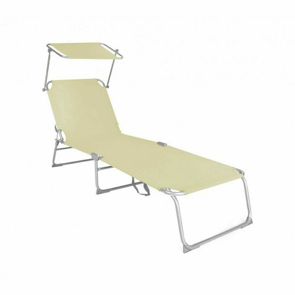 Lettino Prendisole In Metallo con Schienale Regolabile con Tettuccio Parasole Portatile Pieghevole (Beige)