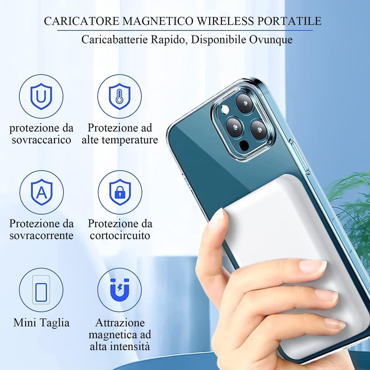 Powerbank Magnetico 5000 mAh Caricatore WiFi Magsafe Ricarica Rapida Smartphone