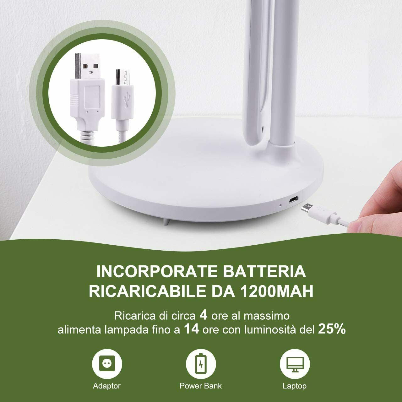 Lampada da Scrivania Touch Ricaricabile USB Luce Regolabile Led Portatile USB