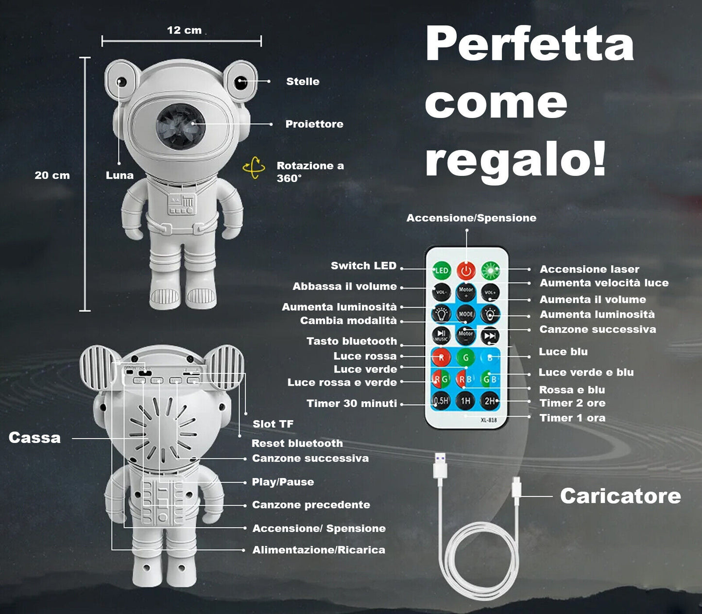 Proiettore Luce Notturna Astronauta Cassa Speaker BT Telecomando Cielo Stellato