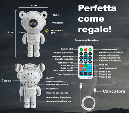 Proiettore Luce Notturna Astronauta Cassa Speaker BT Telecomando Cielo Stellato