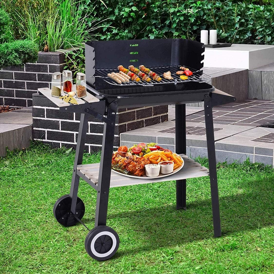 Barbecue Rettangolare A Carbone Multifunzione Con Struttura In Acciaio Ripiani In Legno Per Giardino Terrazzo Balcone con 2 Ruote 87 x 44 x 82 cm Fair