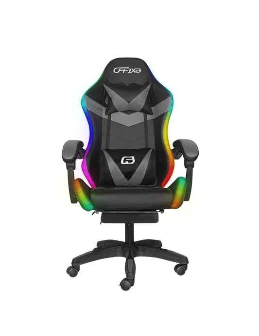 Sedia Gaming LED RGB Telecomando Doppio Cuscino in Ecopelle e Poggiapiedi Grigio